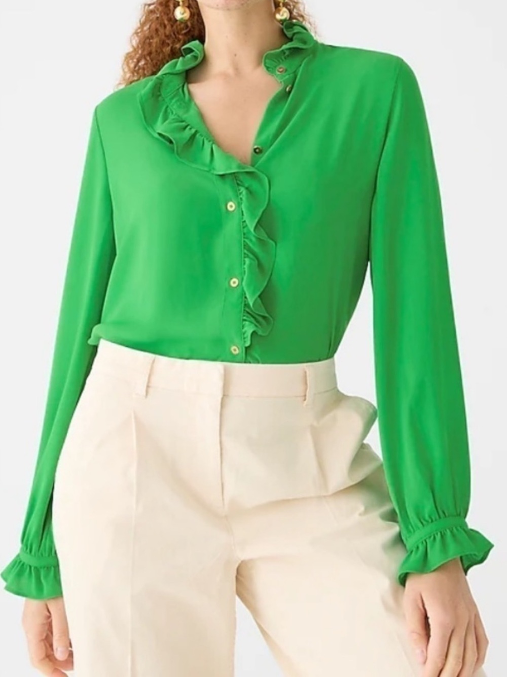 J. Crew Drapey Cottage Top Emerald Green Ruffle-Front Blouse | 2